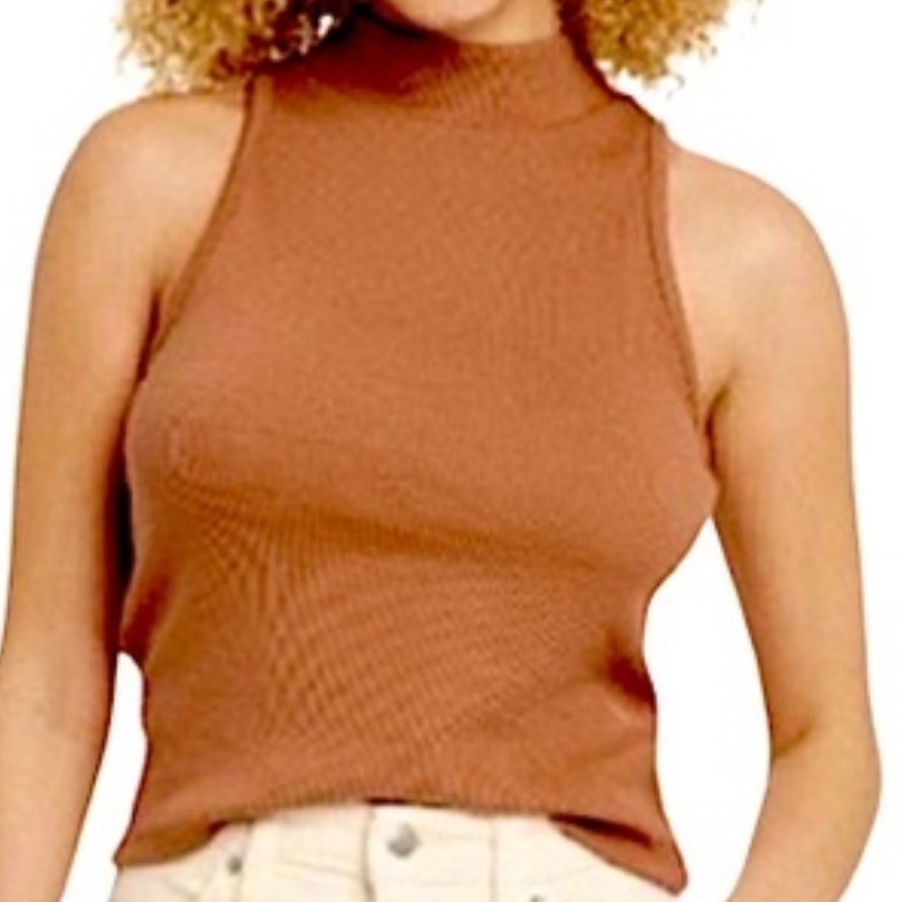 A New Day Slim Fit Ribbed Mock Neck Tank Top In Camel Brown Size Medium